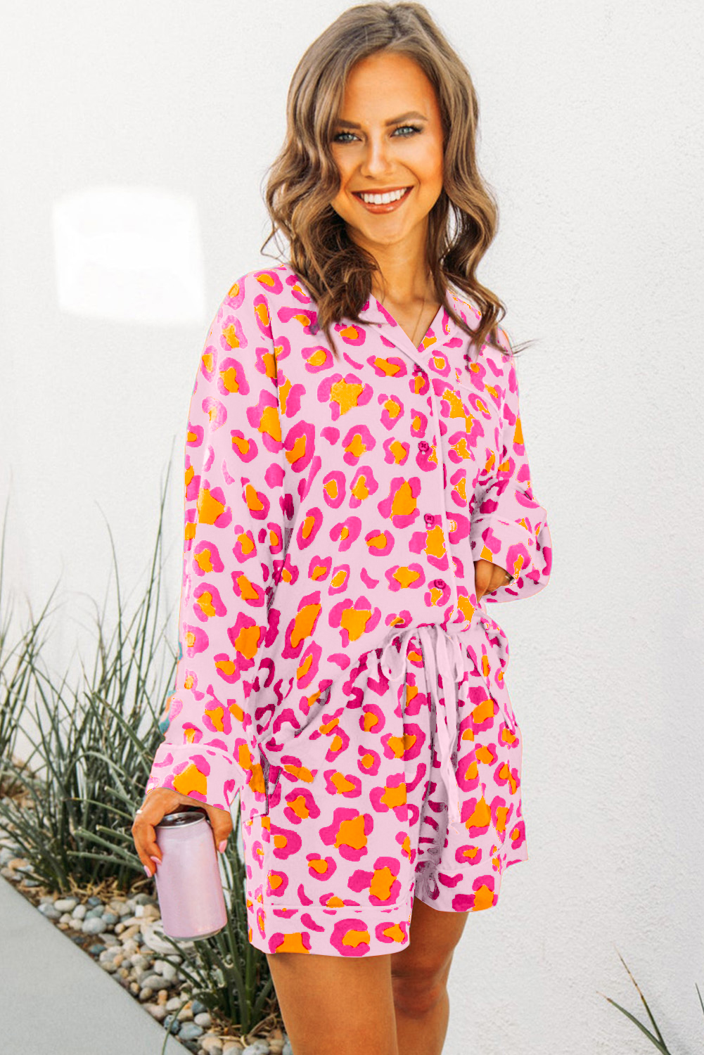 Pink Leopard Print Long Sleeve Shirt and Shorts Pajama Set - Image 3