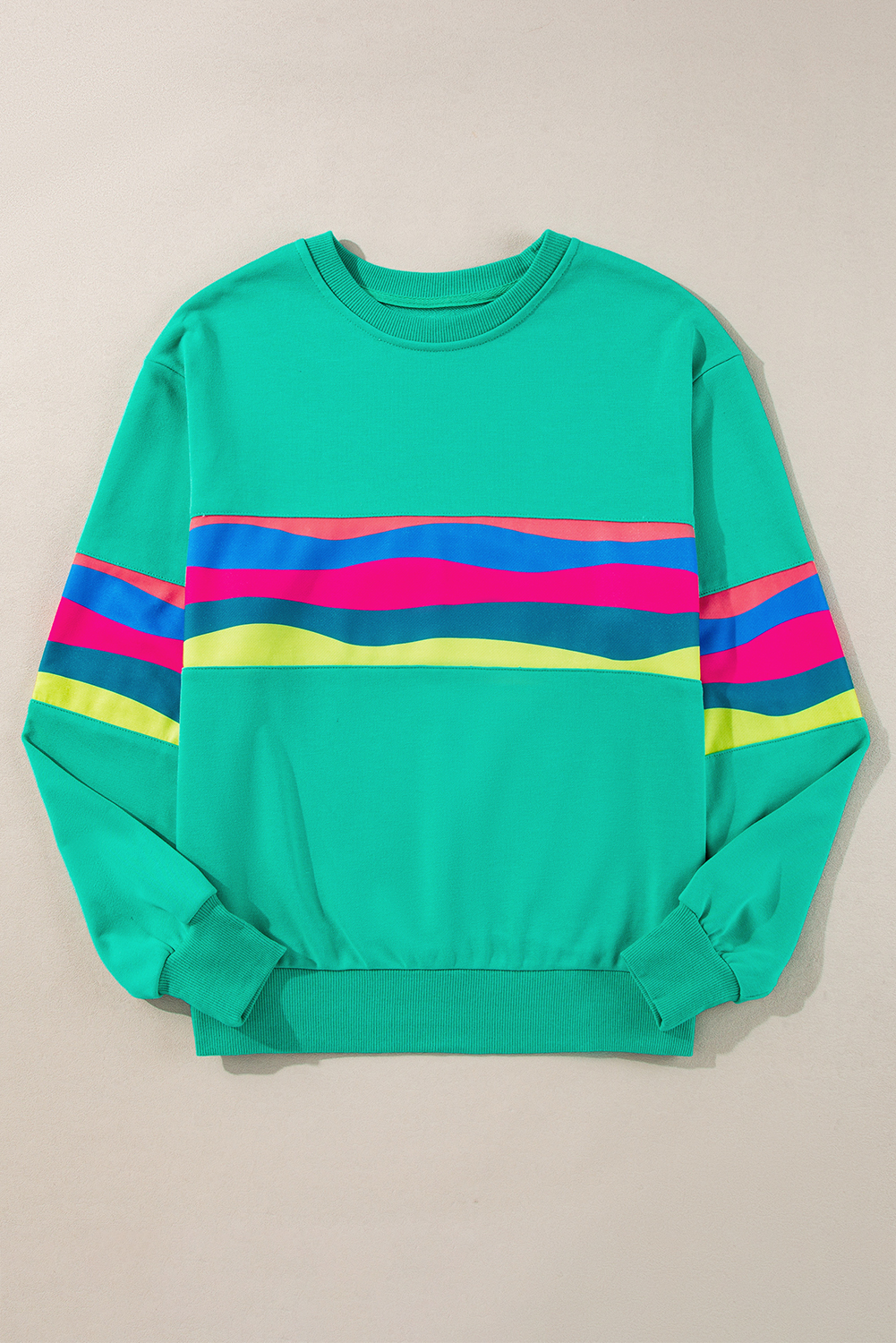 Green Colorful Striped Accent Long Sleeve T Shirt - Image 5