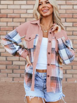 Light Pink Plaid Corduroy Patchwork Chest Pocket Shacket