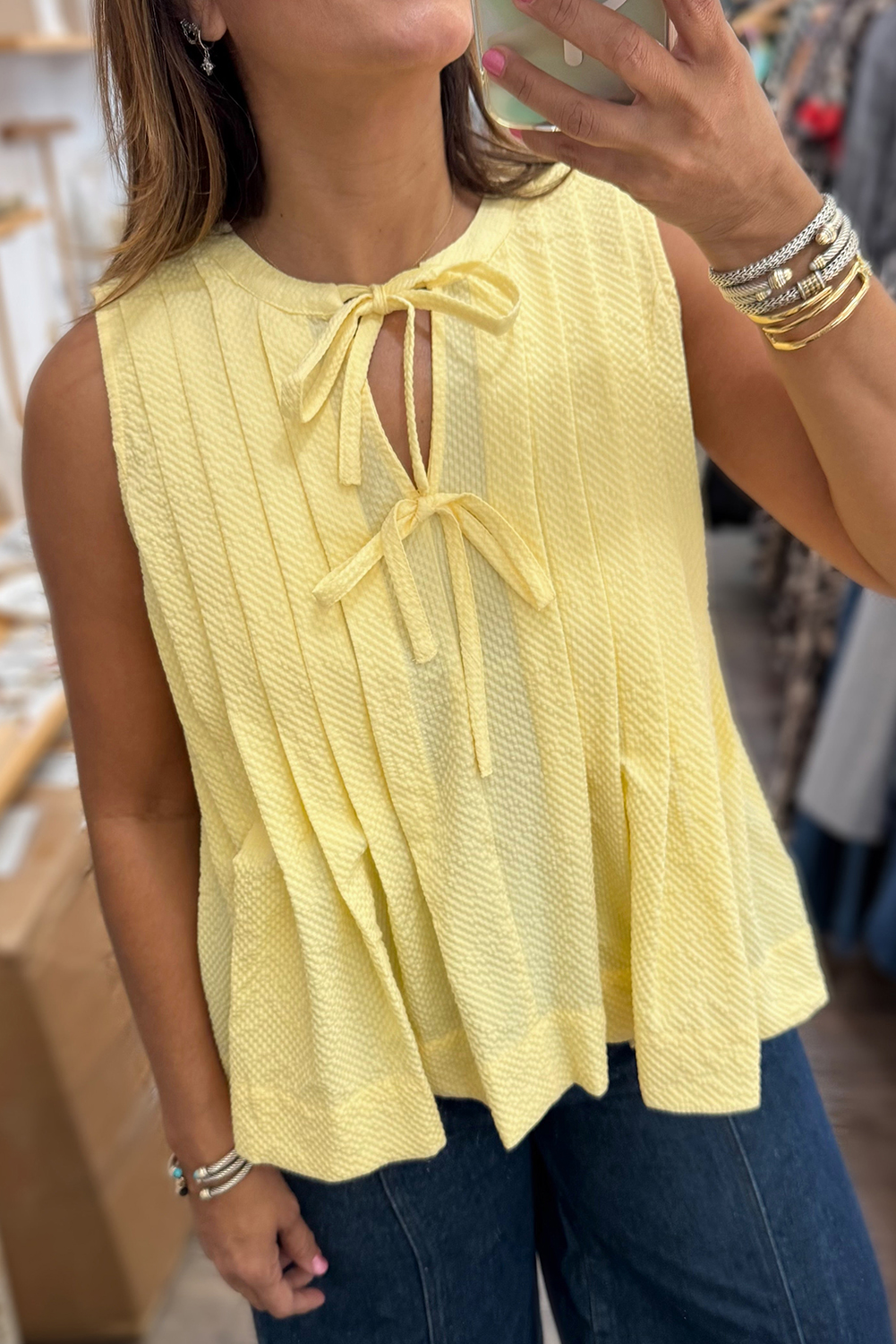 Yellow Cream Bow Tie Notched Neck Pleated Tank Top - Image 4