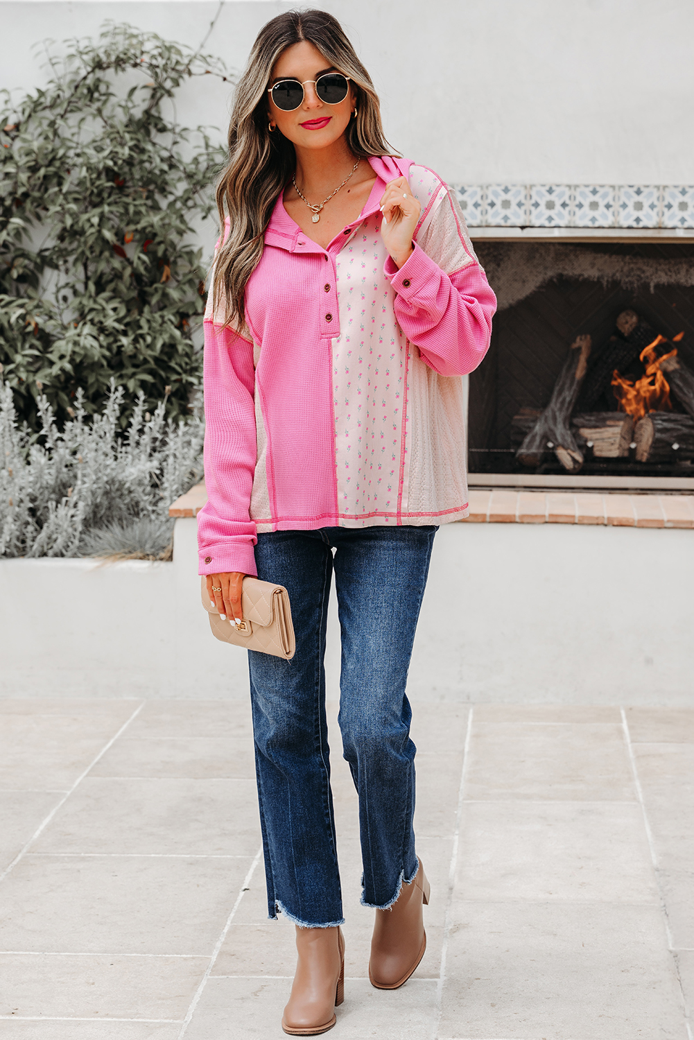 Pink Mixed Texture Waffle Floral Patchwork Hooded Oversize Pullover - Image 4