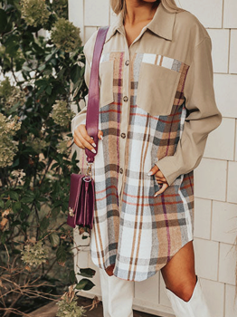 Khaki Plaid Patchwork Long Sleeve Shirt Mini Dress