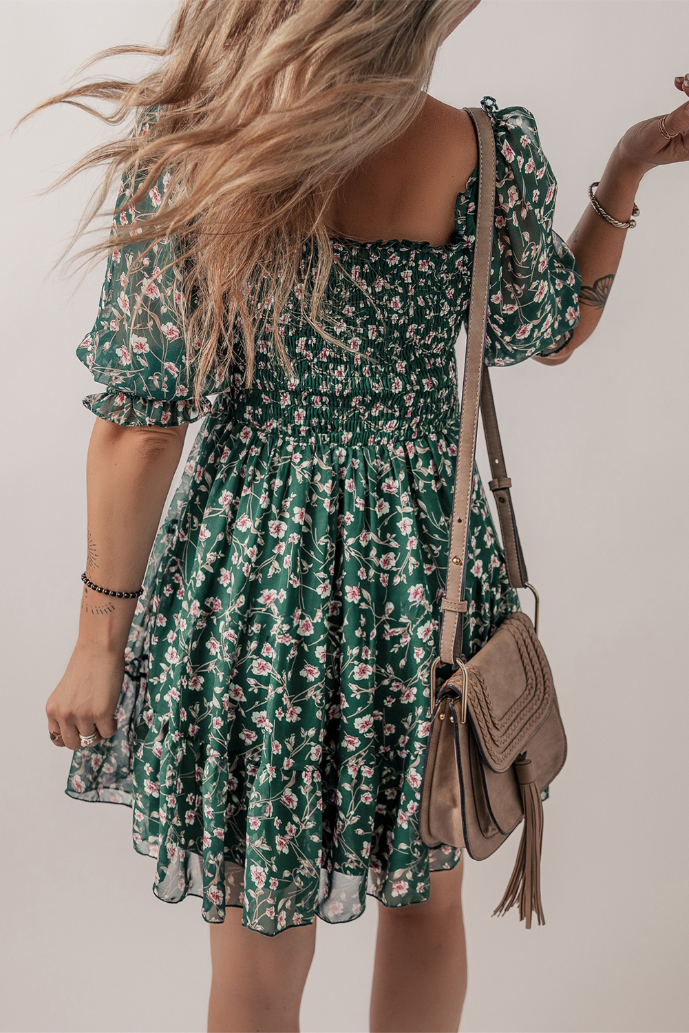 Green Smocked Square Neck Puff Short Sleeve Floral Dress - Image 2