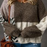 Brown Plus Size Color Block Patchwork Knotted Back Loose Fit Sweater