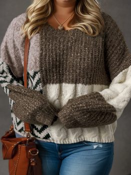 Brown Plus Size Color Block Patchwork Knotted Back Loose Fit Sweater