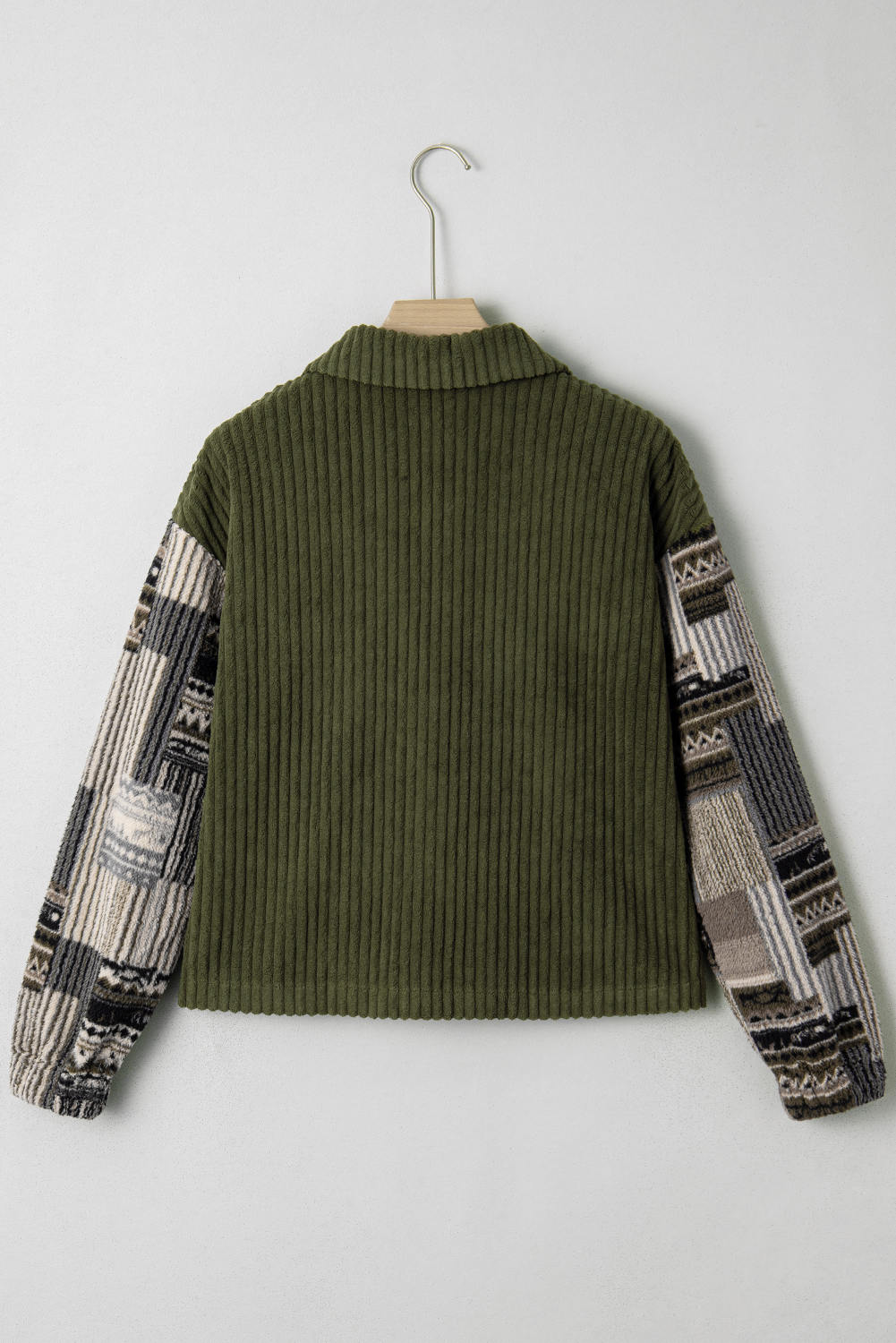 Jungle Green Ribbed Fleece Plaid Print Patchwork Button Up Jacket - Image 7