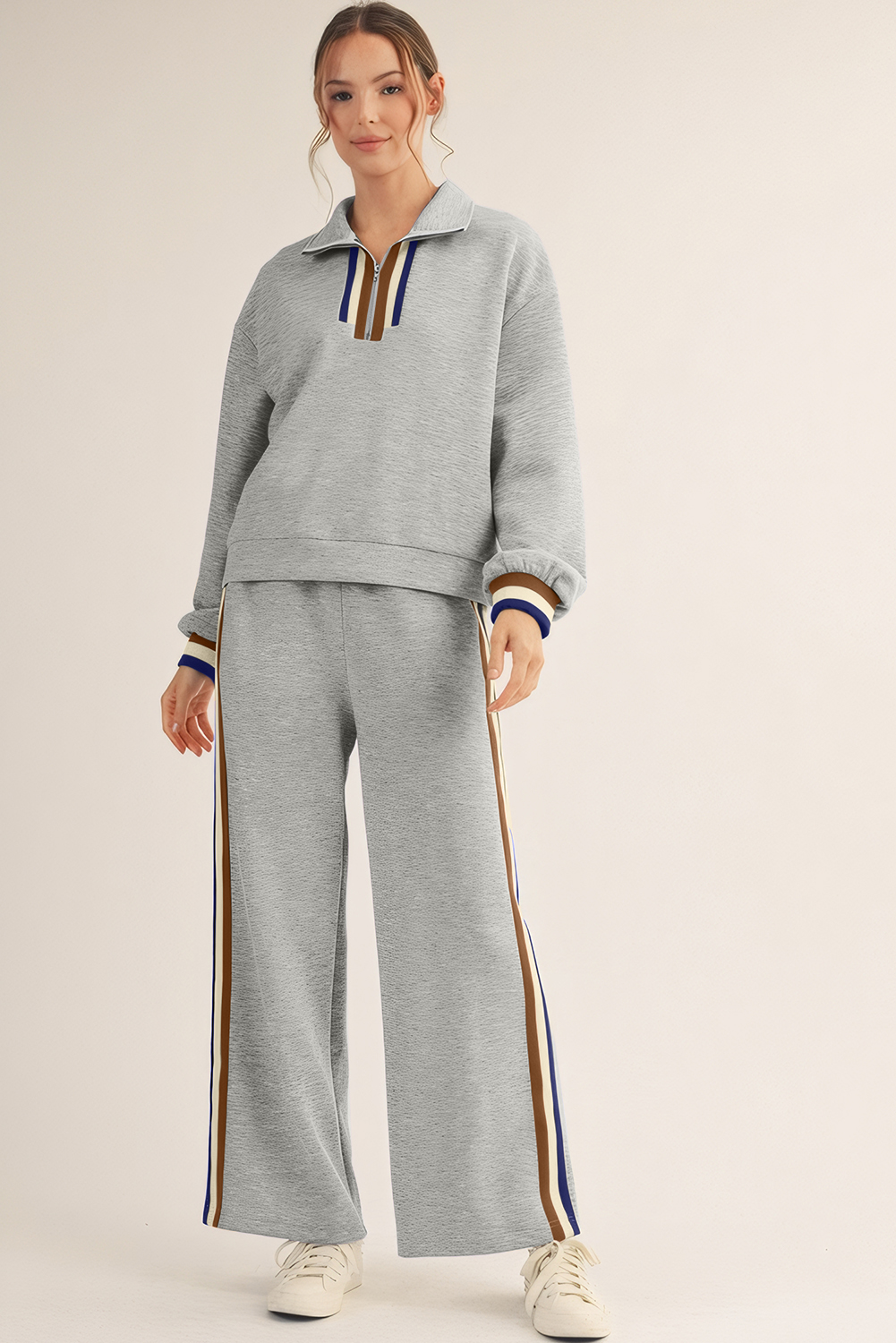 Gray Striped Patchwork Quarter Zip Pullover Loose Pant Set - Image 2
