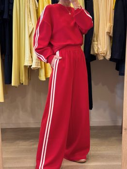 Fiery Red Varsity Striped Detail Crewneck Pullover Elastic Sweatpants 2pcs Outfit