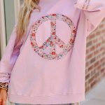 Light Pink Floral Peace Sign Graphic Drop Shoulder Wide Sleeve Casual Top