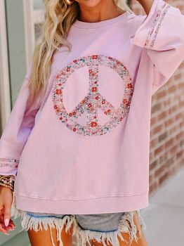 Light Pink Floral Peace Sign Graphic Drop Shoulder Wide Sleeve Casual Top
