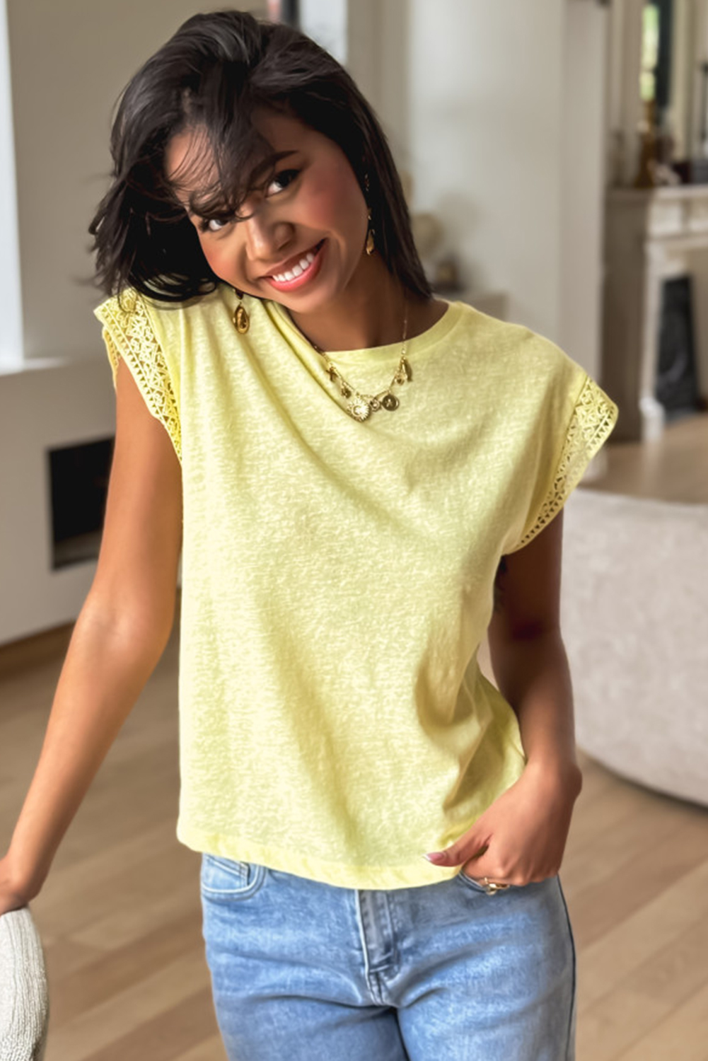 Yellow Cream Lace Patchwork Cap Sleeve Round Neck T Shirt - Image 8