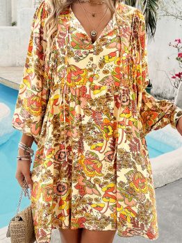 Yellow Cream Floral Print V Neck Puff Sleeve Mini Dress