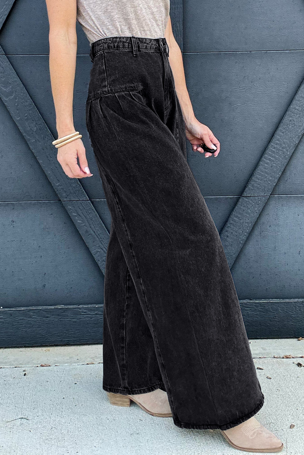 Dark Grey Pleated Wide Leg Mineral Wash Denim Pants - Image 3