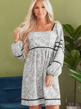 Gray Floral Print Open Back Balloon Sleeve Square Neck Mini Dress