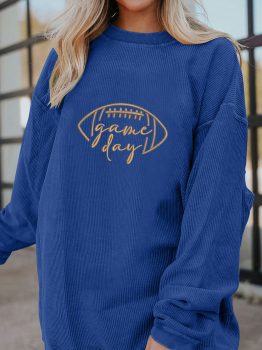 Dark Blue Rugby Game Day Embroidered Corduroy Sweatshirt