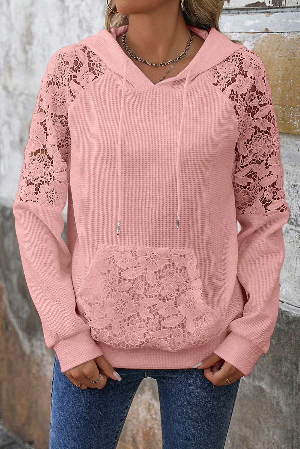 Gossamer Pink Lace Patchwork Raglan Sleeve Kangaroo Pocket Waffle Hoodie - Image 3
