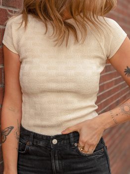 Beige Textured Crew Neck Cap Sleeve Slim Stretchy T Shirt