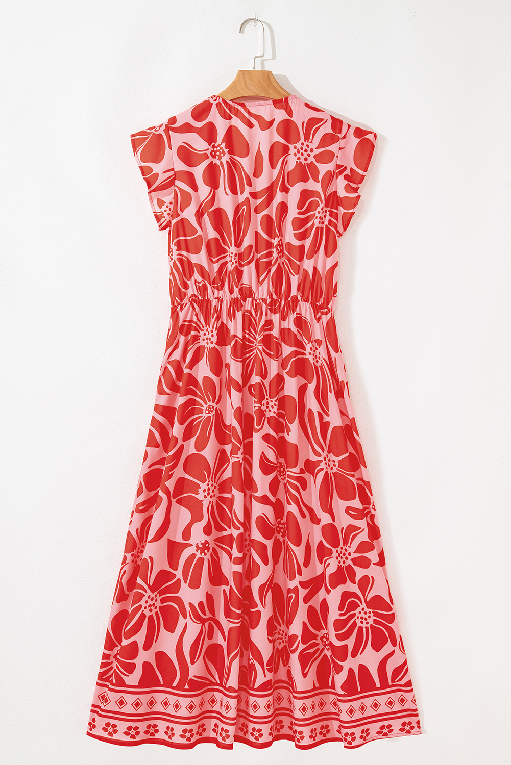 Red Boho Floral Short Sleeve V Neck Buttoned Shirred Waist Long Dress - Image 6