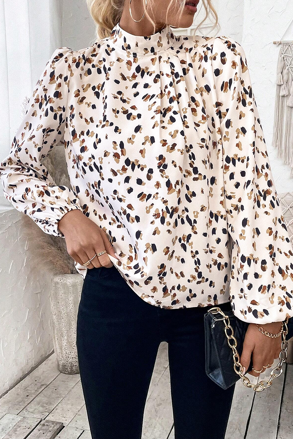 White Leopard Print Lantern Sleeve Mock Neck Pleated Blouse - Image 8