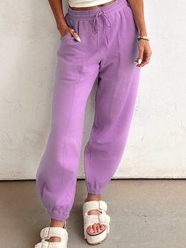 Lilac Drawstring Elastic Waistband Solid Color Jogger Pants