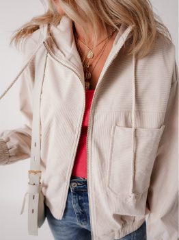 White Corduroy Drawstring Hooded Pocket Zip Up Jacket