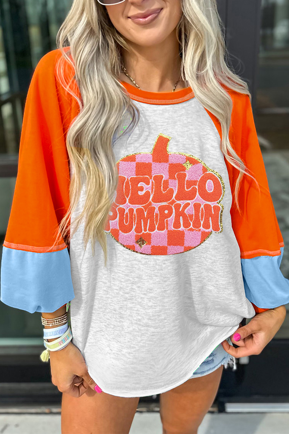 Light Grey HELLO PUMPKIN Patched Graphic Colorblock Bubble Sleeve Raglan Top - Image 3