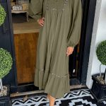 Four Leaf Clover Collared V Neck Smocked Detail Contrast Leopard Trim Bracelet Sleeve Long Dress