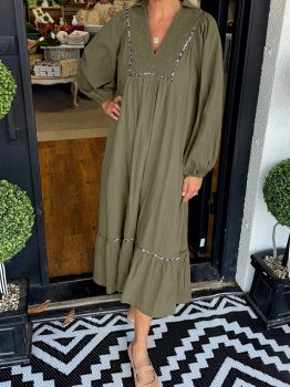 Four Leaf Clover Collared V Neck Smocked Detail Contrast Leopard Trim Bracelet Sleeve Long Dress