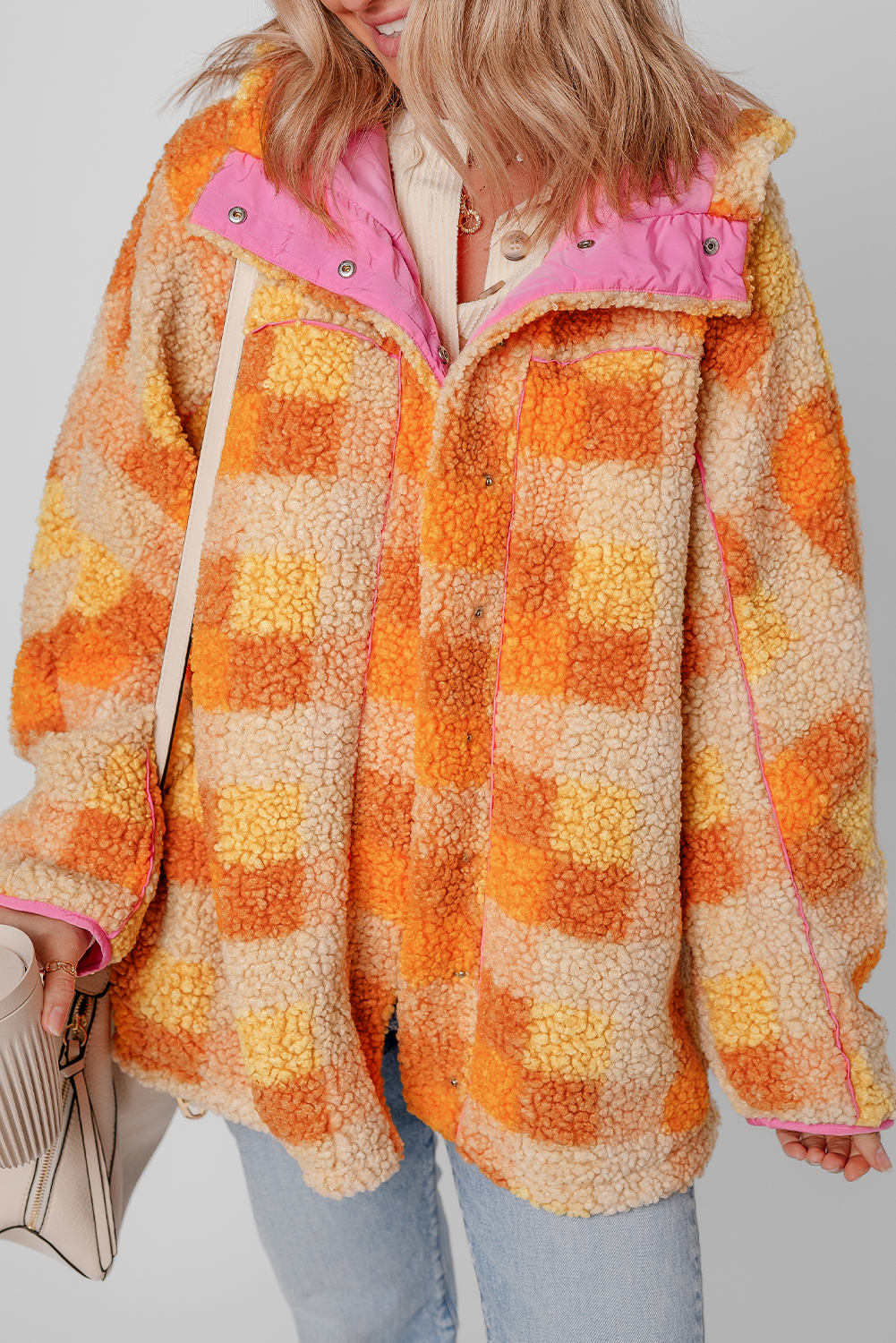 Orange Checkered Sherpa Hooded Jacket - Image 3