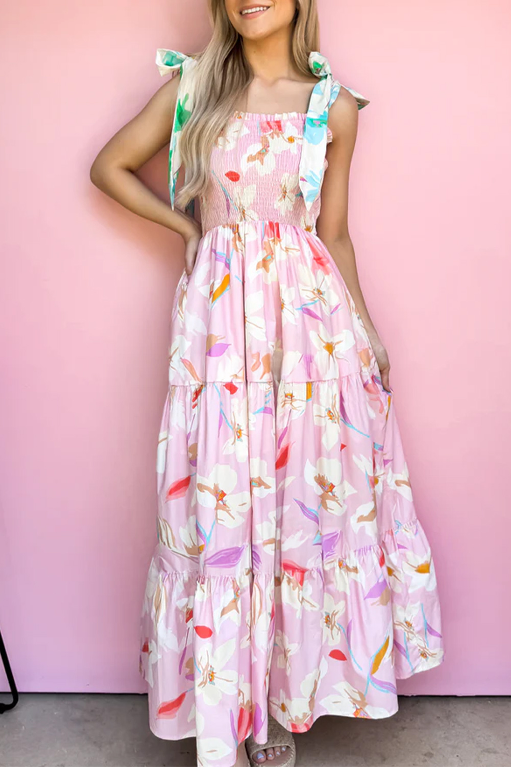 Pink Floral Print Knotted Shoulder Smocked Maxi Dress - Image 8