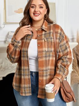 Brown Plaid Print Flap Pocket Buttoned Plus Size Shacket