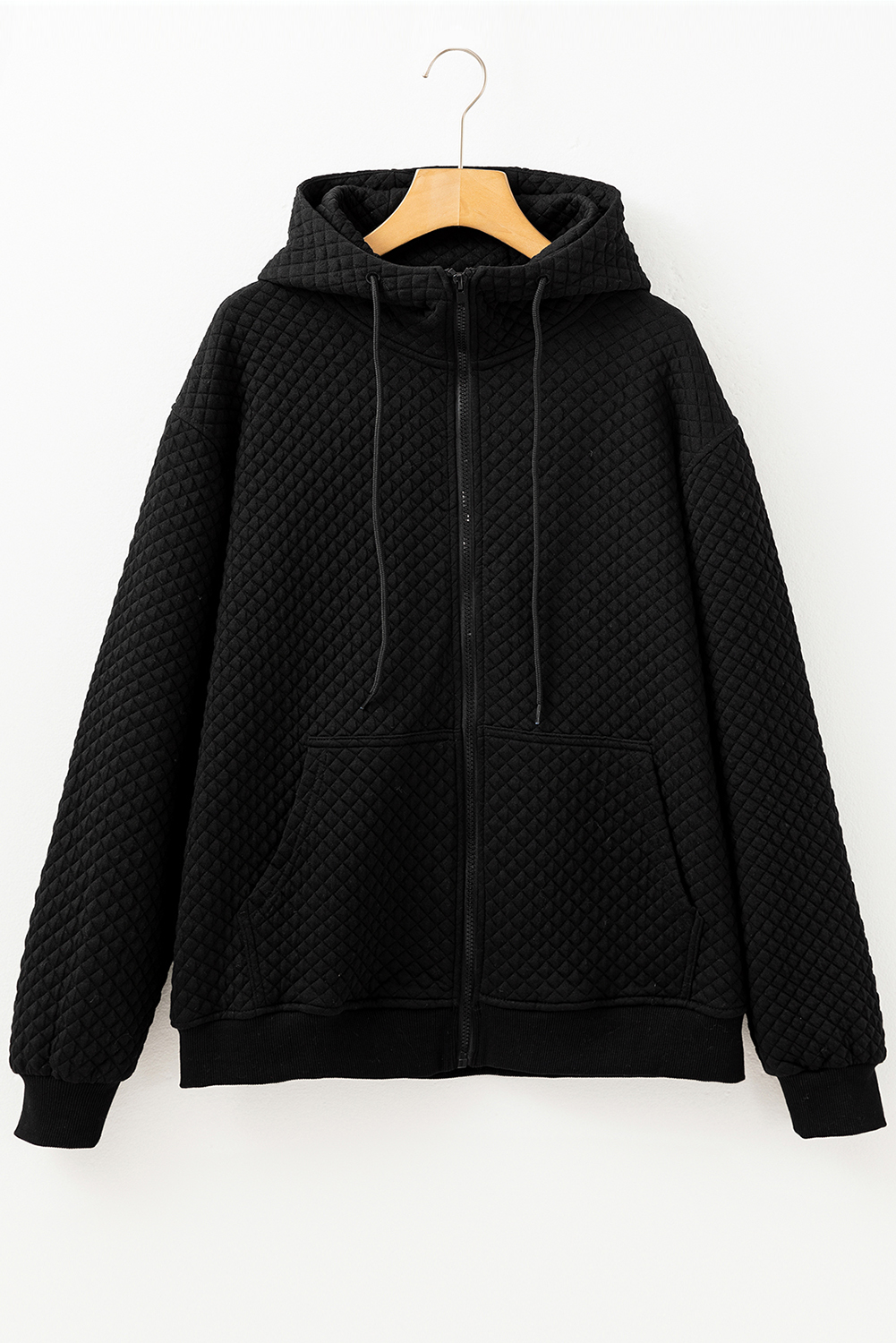 Black Quilted Side Pockets Zipper Hooded Jacket - Image 4