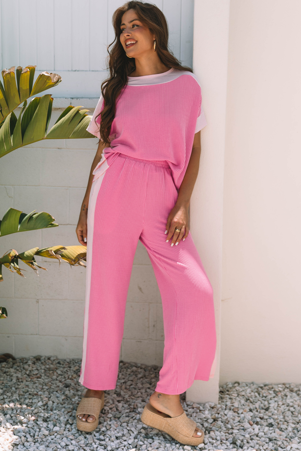 Sachet Pink 2-tone Colorblock Patchwork Corded 2pcs Outfit - Image 6