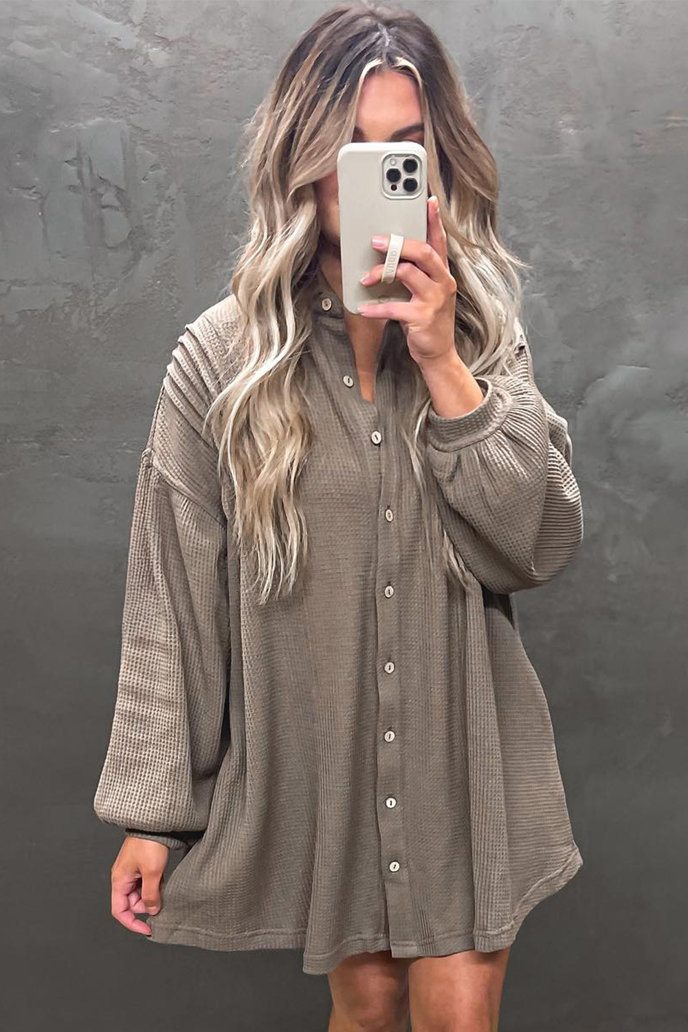 Simply Taupe Waffle Knit Shirt Tunic Dress - Image 2