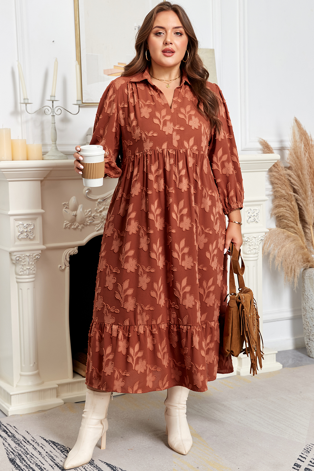 Cinnamon Plus Size Textured 3D Flower Pattern Ruffle Hem 3/4 Sleeve Long Dress - Image 5