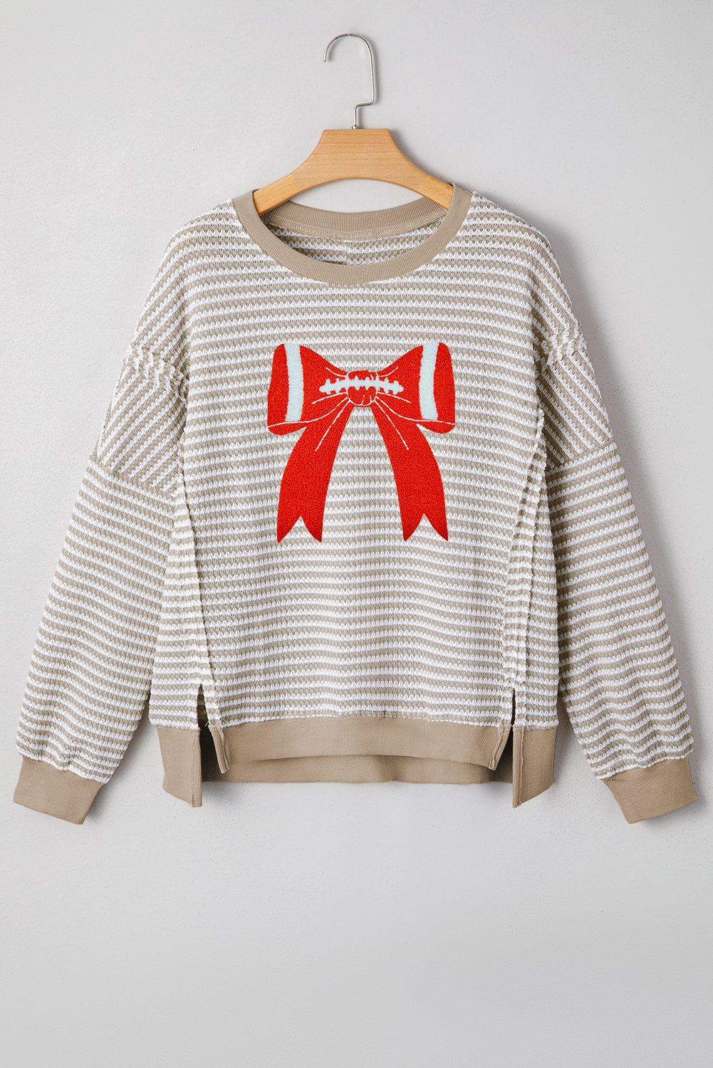 Brown Stripe Chenille Bow Patched Drop Shoulder Long Sleeve Top - Image 3