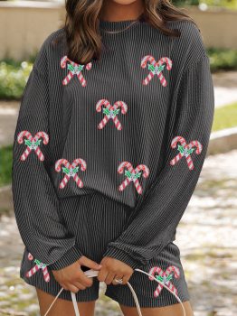 Carbon Grey Twisted Ribbed Sequin Holly Candy Cane Long Sleeve Top and Shorts 2pcs Outfit