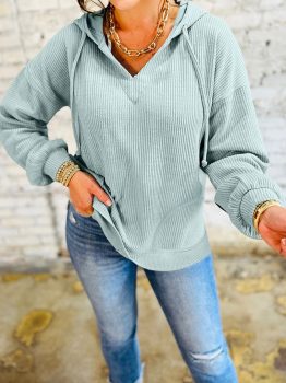 Clearly Aqua Ribbed Drop Shoulder Knit Hoodie
