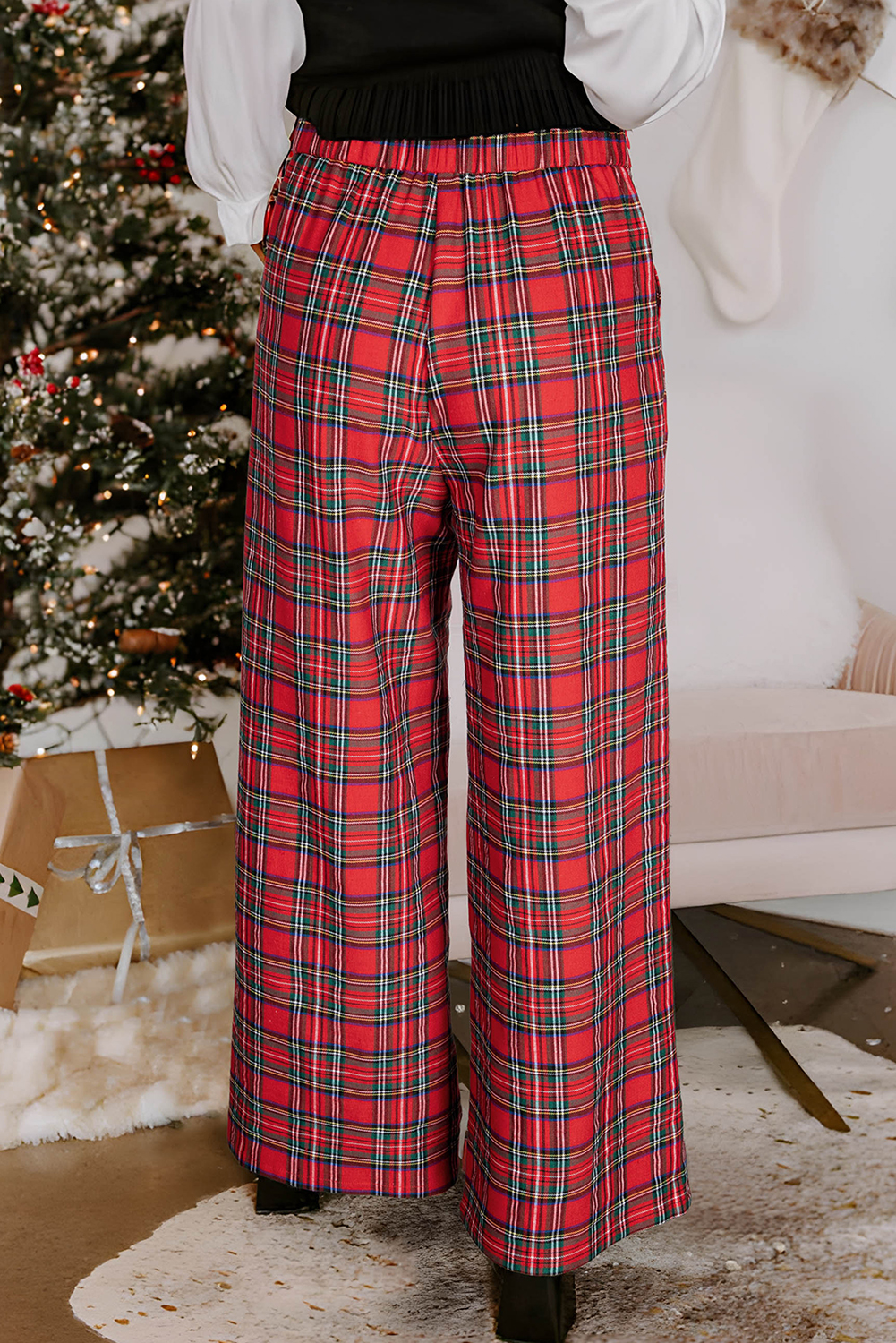 Red Festive Plaid Wide Leg Pull On Pants - Image 2