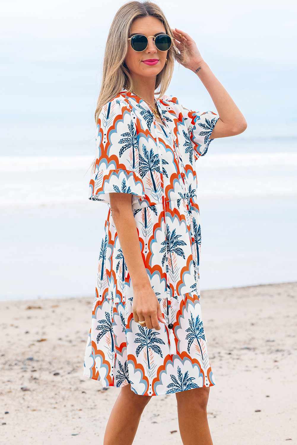 Orange Contrast Palm Tree Printed Short Sleeve Flowy Dress - Image 4