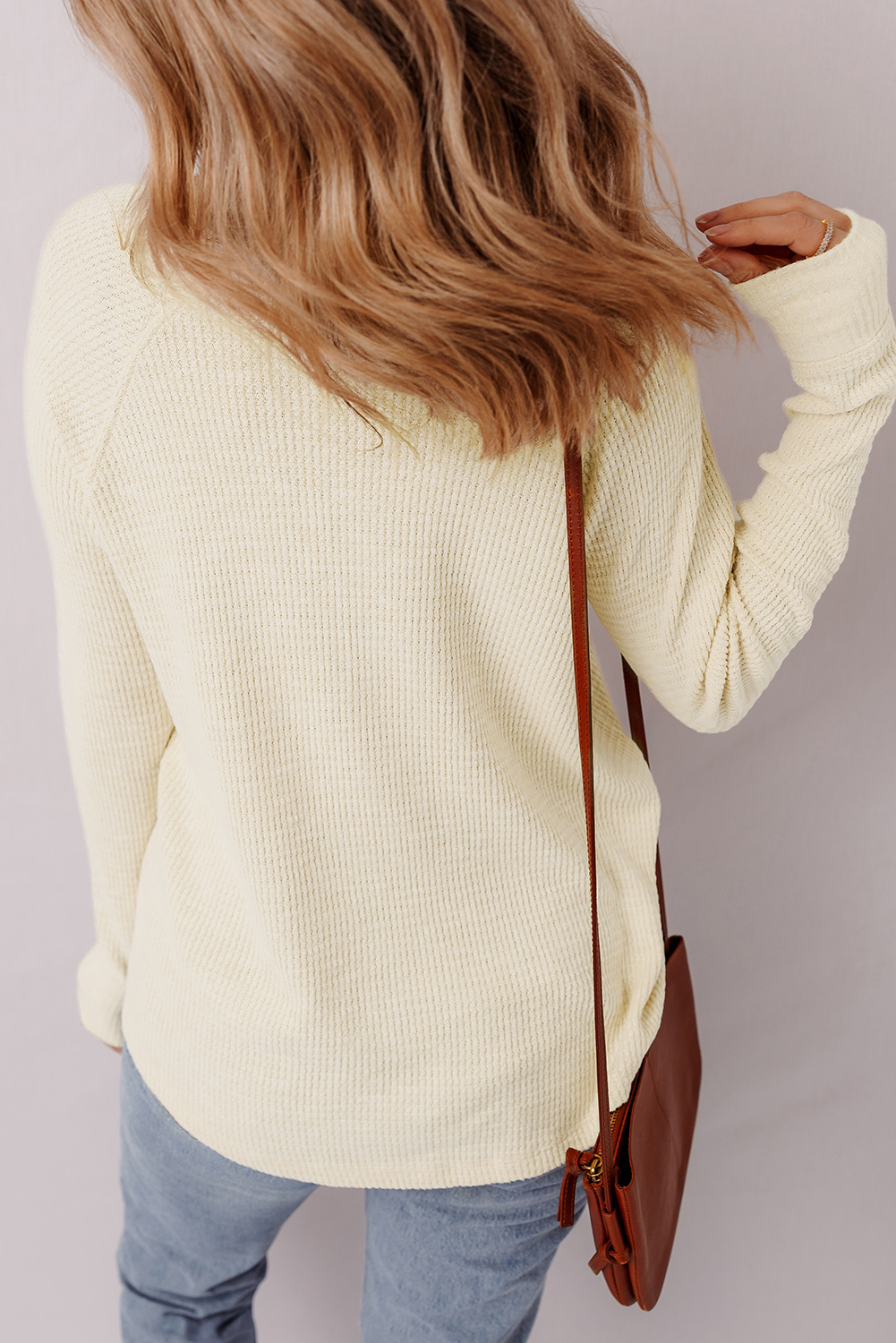 Oatmeal Textured Knit Half Buttons Henley Top - Image 2
