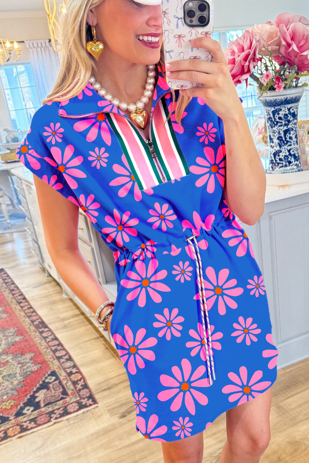 Purple Floral Striped Quarter Zip Cap Sleeve Drawstring Waist Mini Dress - Image 5