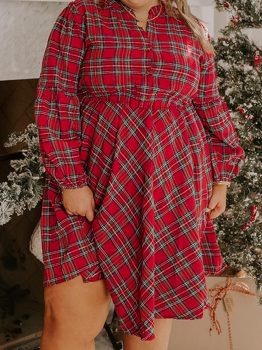 Red Plus Size Plaid Half Button Long Sleeve Holiday Dress