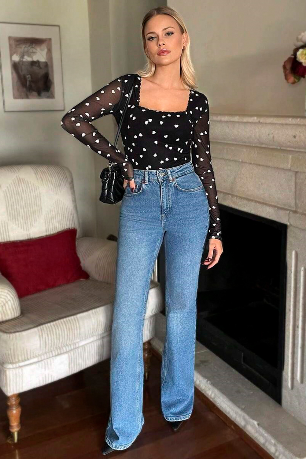 Black Heart Shape Mesh Patchwork Square Neck Bodysuit - Image 7