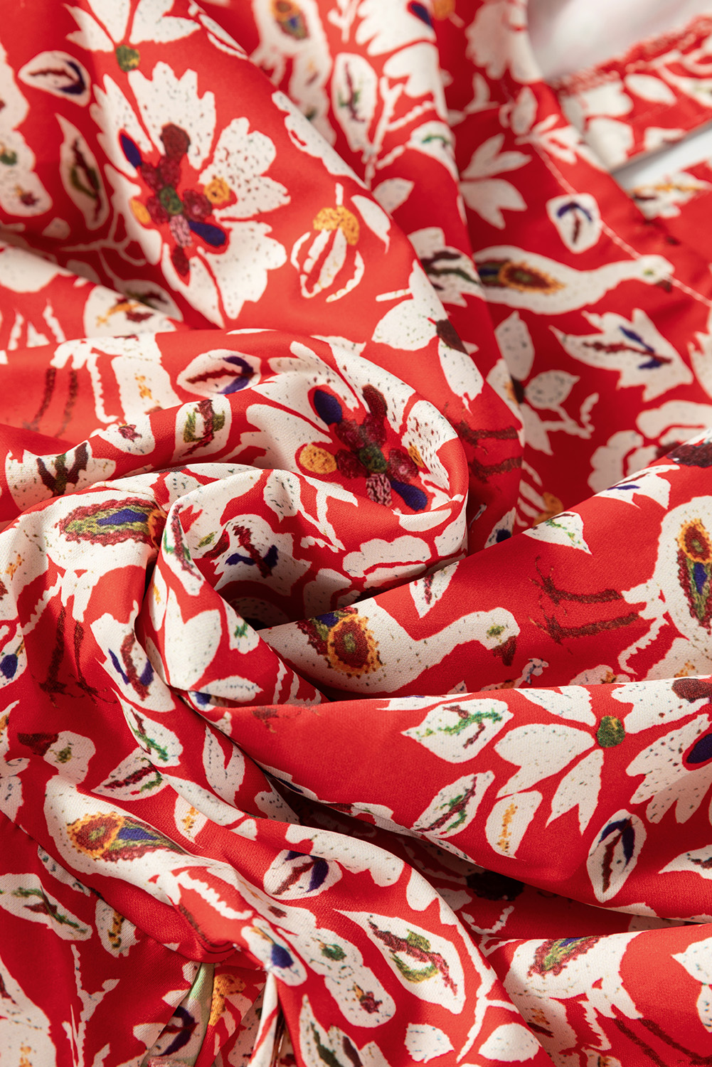 Red Colorful Floral Patchwork Long Sleeve Pleated Mini Dress - Image 8