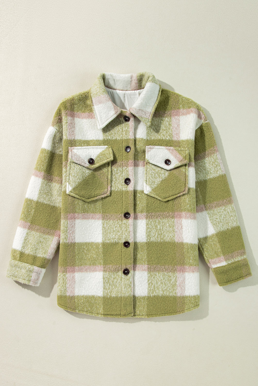 Sage Green Plaid Print Buttoned Flap Pockets Baggy Shacket - Image 5
