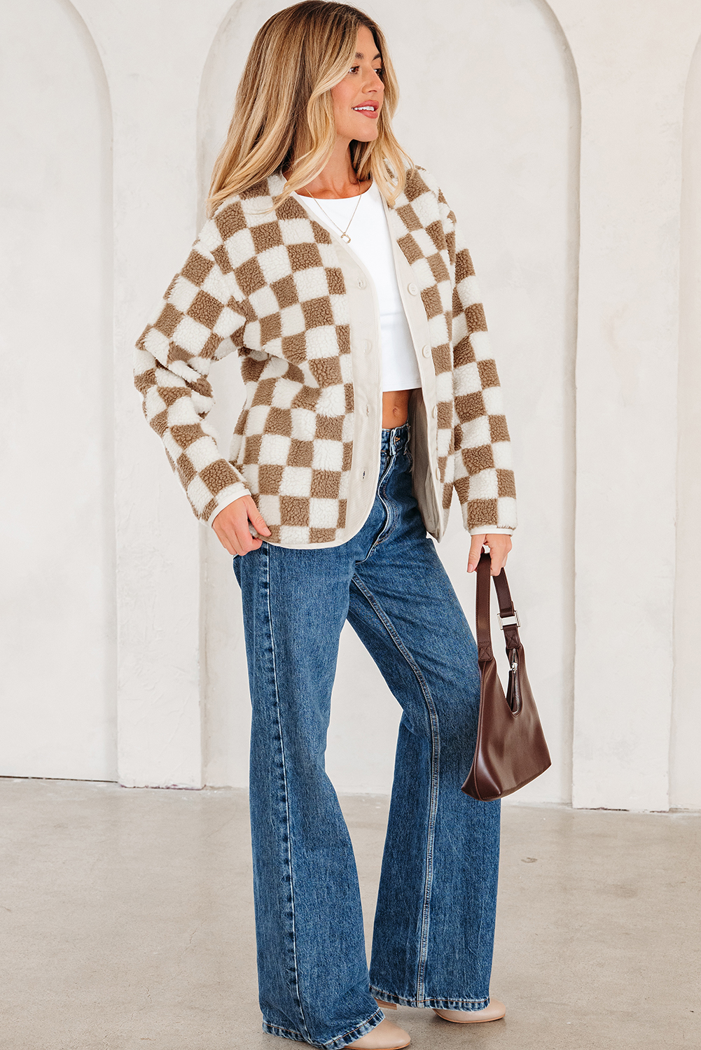 Brown Checkered Sherpa Buttoned Front Chunky Jacket - Image 8