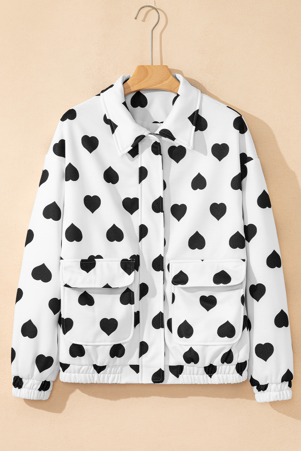 White Double Flap Pocket Heart Print Collar Zip Jacket - Image 2
