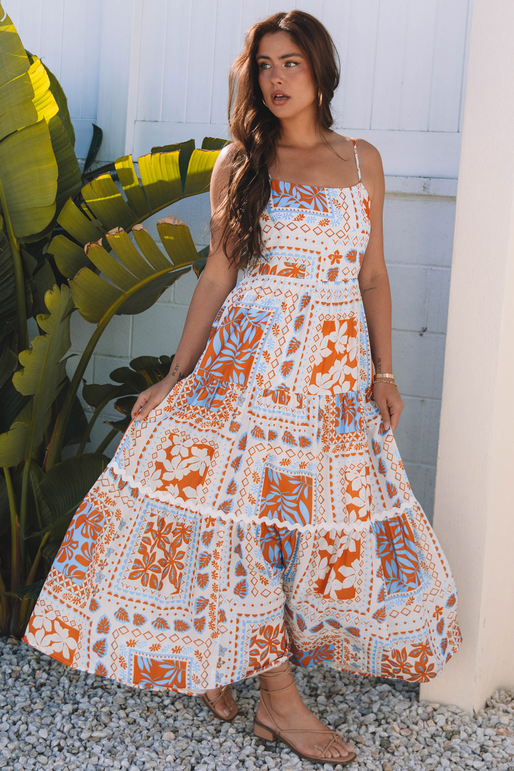 Orange Multi Printed Ricrac Trim Spaghetti Straps Maxi Dress - Image 4