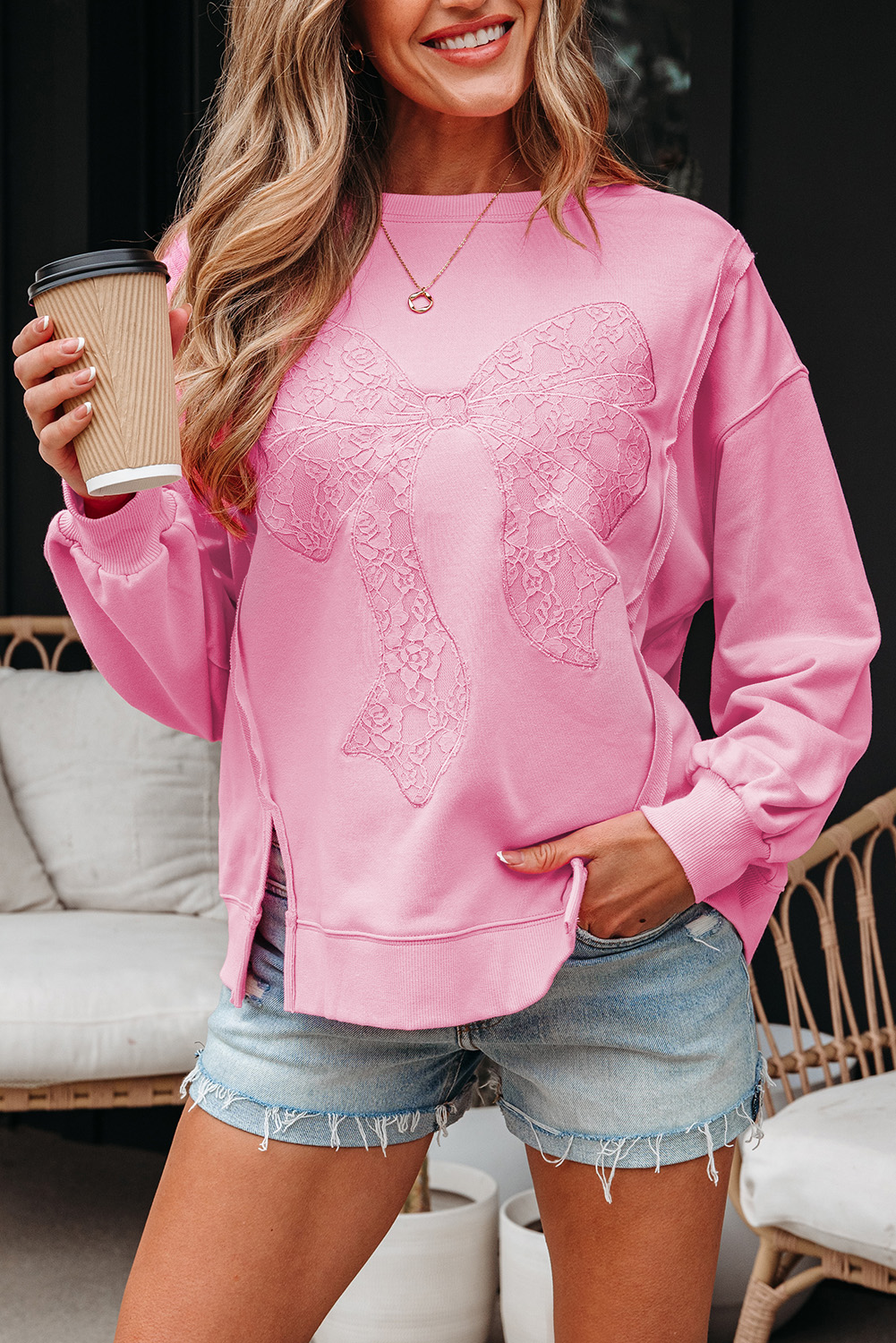 Bonbon Lace Insert Bow Embroidered Exposed Seam Sweatshirt - Image 6